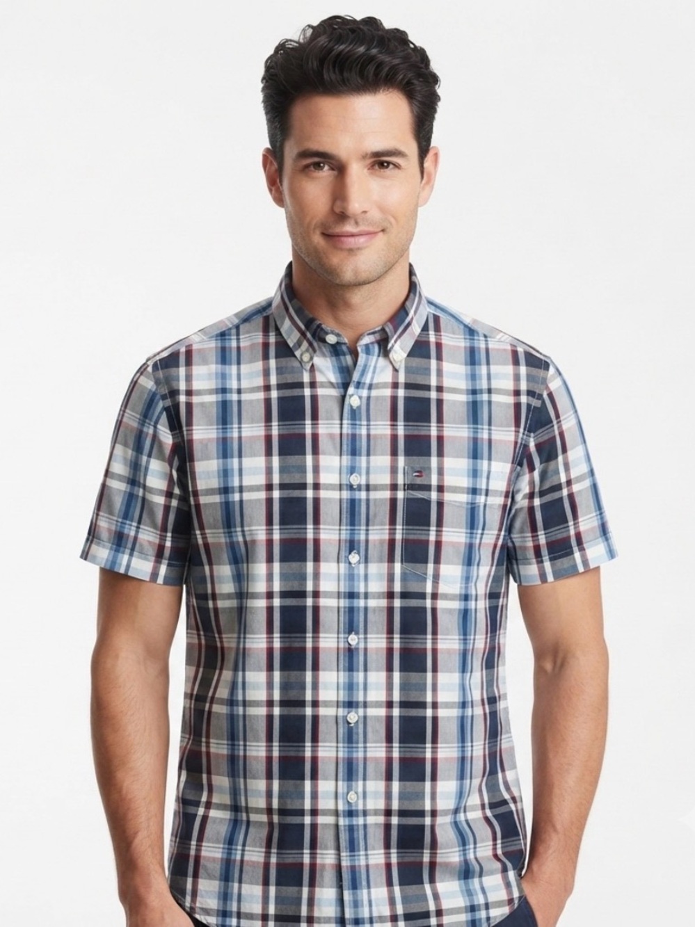 Tommy Hilfiger Navy & White Plaid Short-Sleeve Button-Down Shirt Men’s L NWOT - Picture 1 of 12